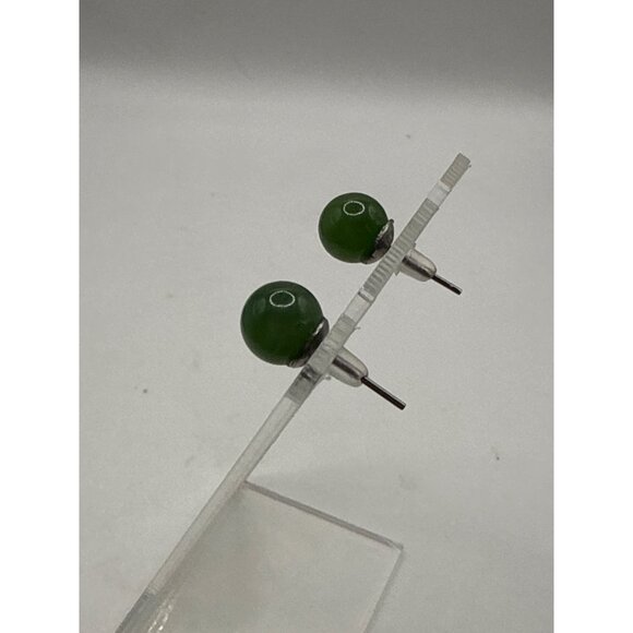 Green Jade Colored Ball Stud Earrings With Silver Tone Posts - Picture 4 of 4